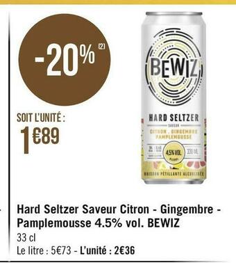 Bewiz hard seltzer saveur citron - gingembre - pamplemousse 4.5% vol.