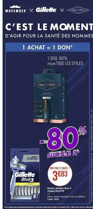 Géant Casino Gillette rasoirs jetables blue 3 simple offre
