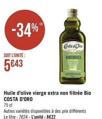 Géant Casino Costa d’oro huile d’olive vierge extra non filtrée bio offre