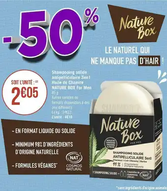 Géant Casino Nature box shampooing solide antipelliculaire 3en1 huile de chanvre for men offre