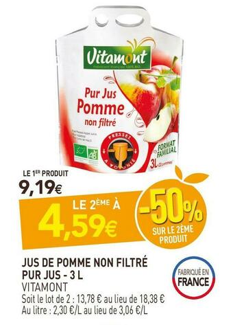 naturéO Vitamont jus de pomme non filtré pur jus offre