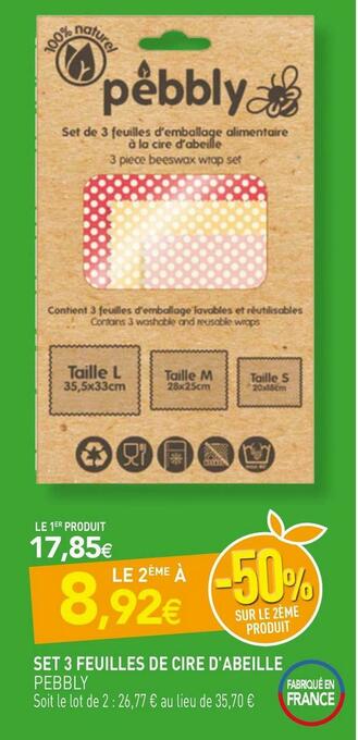 naturéO Pebbly set 3 feuilles de cire d'abeille offre