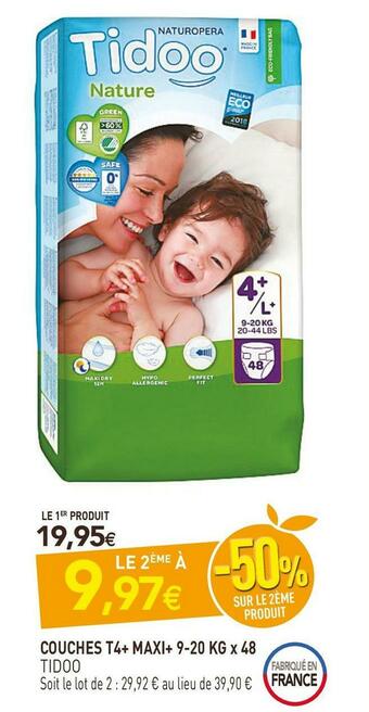 naturéO Tidoo couches t4+ maxi+ 9-20 kg x 48 offre