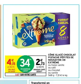 Intermarché Contact CÔNE GLACÉ CHOCOLAT PISTACHE PÉPITES DE NOUGATINE X8 EXTRÊME offre