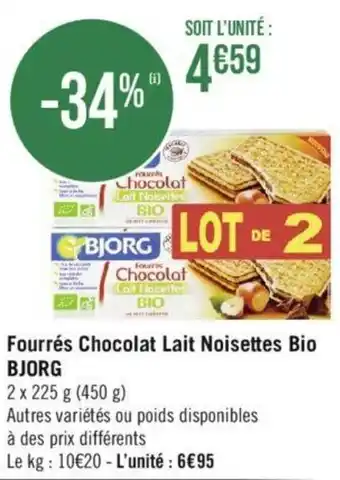 Casino Supermarchés Fourrés Chocolat Lait Noisettes Bio BJORG offre