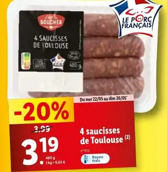 Lidl 4 saucisses de Toulouse (2) offre