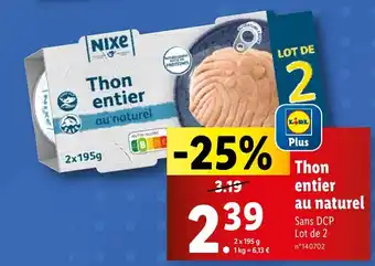 Lidl Thon entier au naturel offre