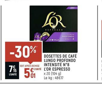 Spar L’or dosettes de café lungo profondo intensité n°8 espresso offre