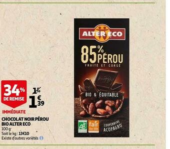 Auchan Alter eco chocolat noir pérou bio offre