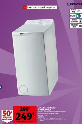 Auchan Indesit lave linge top indesit btwl50300fr/n offre