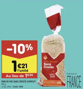 Leader Price Pain de mie sans croûte complet offre
