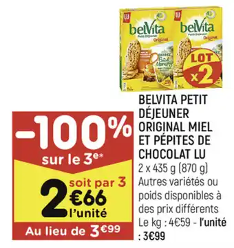 Leader Price Belvita petit déjeuner original miel et pépites de chocolat lu offre
