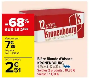 Carrefour Bière Blonde d'Alsace KRONENBOURG 4,2% vol., 12 x 33 cl. offre