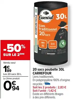 Carrefour 20 sacs poubelle 30L CARREFOUR offre