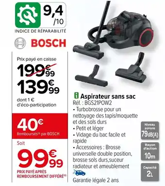 Carrefour Aspirateur sans sac Réf. BGS21POW2 offre