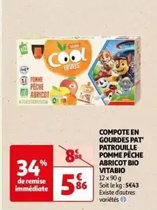 Auchan Vitabio - compote en gourdes pat patrouille pomme pêche abricot bio offre