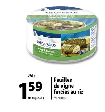 Lidl Eridanous Feuilles de vigne farcies au riz offre