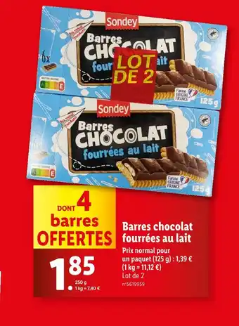 Lidl Sondey Barres chocolat fourrées au lait offre