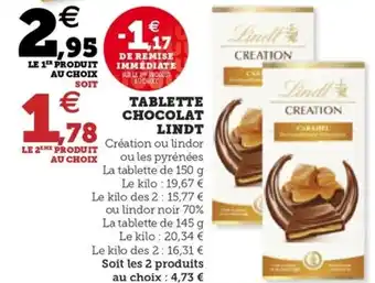 Hyper U TABLETTE CHOCOLAT LINDT offre