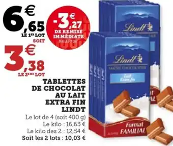 Hyper U TABLETTES DE CHOCOLAT AU LAIT EXTRA FIN LINDT offre