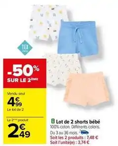 Carrefour Drive Tex baby - lot de 2 shorts bébé offre