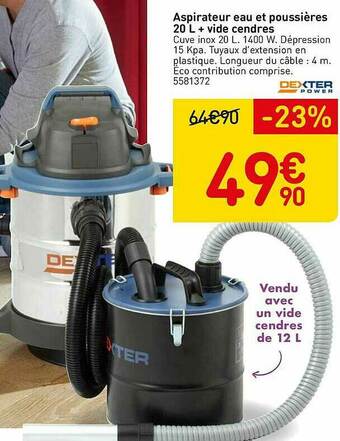 Weldom Aspirateur Eau Et Poussières 20 L + Vide Cendres Dexter offre