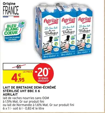 LAIT DE BRETAGNE DEMI-ÉCRÉMÉ STÉRILISÉ UHT BBC X 6 AGRILAIT