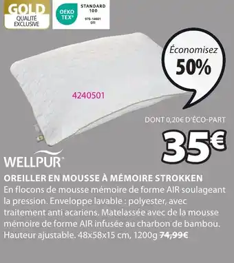 JYSK WELLPUR OREILLER EN MOUSSE À MÉMOIRE STROKKEN offre