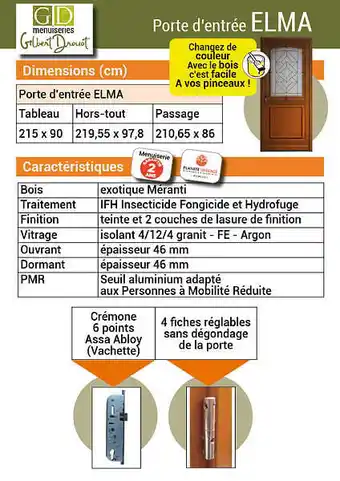 Brico Cash porte D'entrée Bois Vitrée, Elma, H,215xl,90 P, Droit Cote Tableau Gd Menuiseries offre