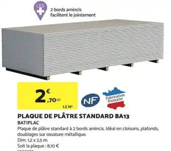 Bricomarché PLAQUE DE PLÂTRE STANDARD BA13 offre