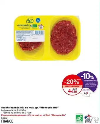 Monoprix Steaks hachés 5% de mat. gr. “Monoprix Bio” offre