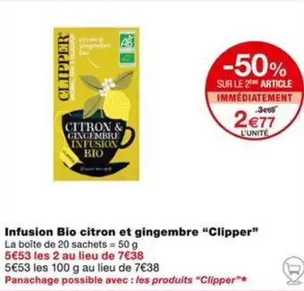 Monoprix Infusion Bio citron et gingembre "Clipper" offre