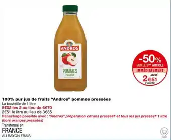 Monoprix 100% pur jus de fruits "Andros" pommes pressées offre