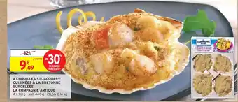 Intermarché LA COMPAGNIE ARTIQUE 4 COQUILLES ST-JACQUES CUISINÉES À LA BRETONNE SURGELÉES offre