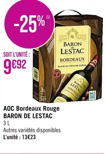 Casino Supermarchés BARON DE LESTAC AOC Bordeaux Rouge offre