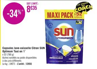 Casino Supermarchés SUN Capsules lave-vaisselle Citron Optimum Tout en 1 offre