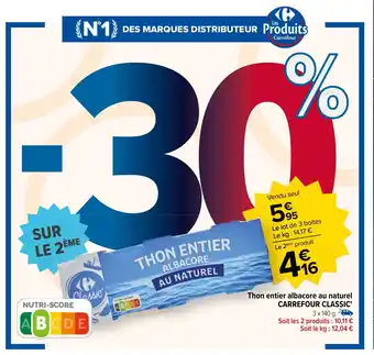 Carrefour Thon entier albacore au naturel CARREFOUR CLASSIC' offre