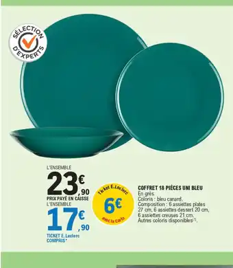 E.Leclerc COFFRET 18 PIÈCES UNI BLEU En grès. offre