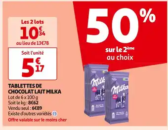 Auchan Supermarché MILKA TABLETTES DE CHOCOLAT LAIT offre