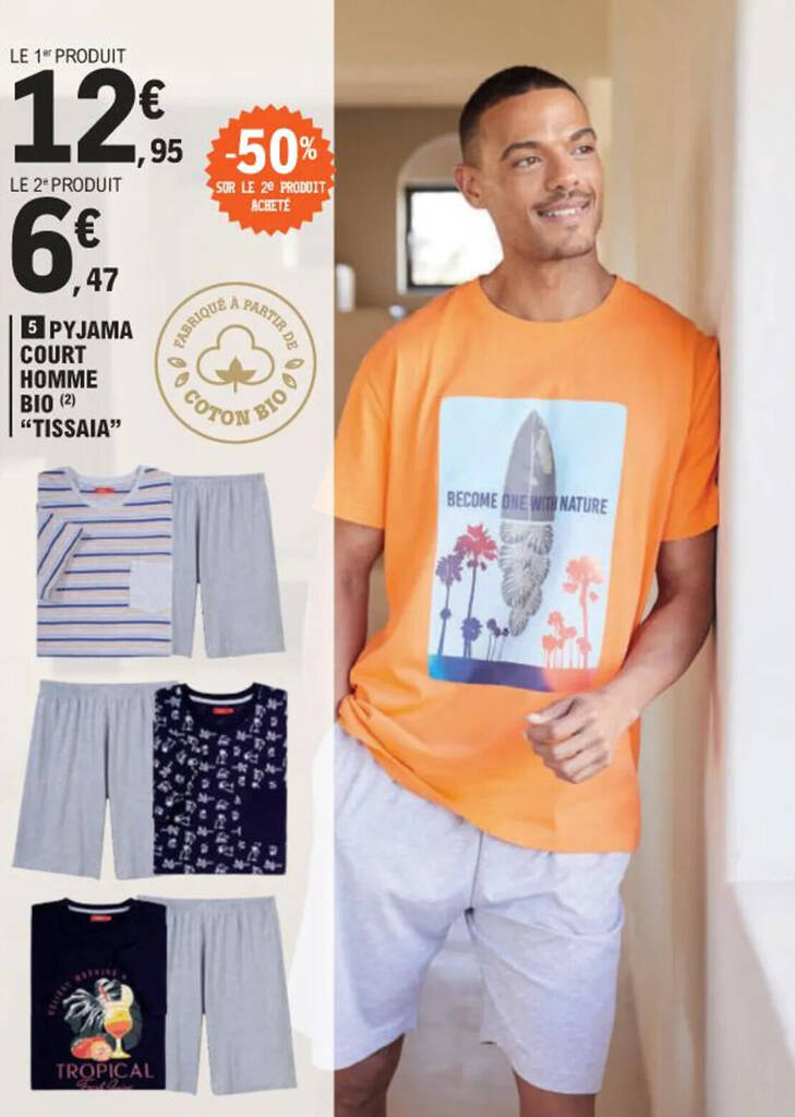 Promo PYJAMA COURT HOMME BIO 2 TISSAIA chez E.Leclerc