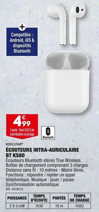 ALDI KOOLSTAR ÉCOUTEURS INTRA-AURICULAIRE BT KS80 offre