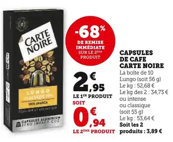 U Express CARTE NOIRE CAPSULES DE CAFE offre