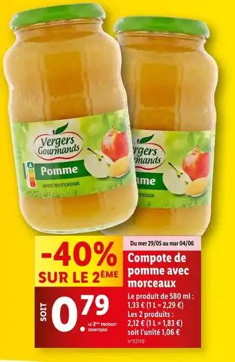Lidl Vergers Gourmands Compote de pomme avec morceaux offre