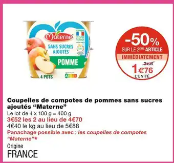 Monoprix Materne Coupelles de compotes de pommes sans sucres ajoutés offre