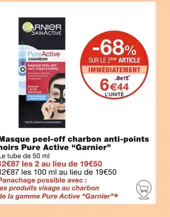 Monoprix Garnier Masque peel-off charbon anti-points noirs Pure Active offre