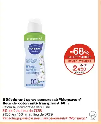 Monoprix Monsavon Déodorant spray compressé fleur de coton anti-transpirant 48 h offre
