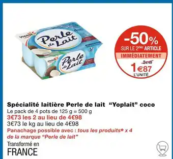 Monoprix Yoplait Spécialité laitière Perle de lait coco offre