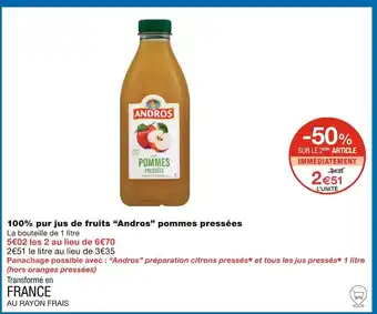 Monoprix Andros 100% pur jus de fruits pommes pressées offre