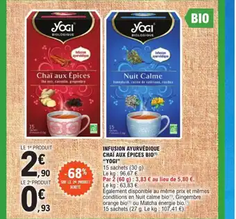 E.Leclerc INFUSION AYURVÉDIQUE CHAÏ AUX ÉPICES BIO(1) "YOGI" offre