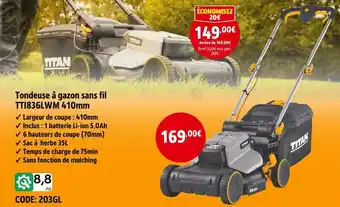 Screwfix TITAN Tondeuse à gazon sans fil TTI836LWM 410mm offre